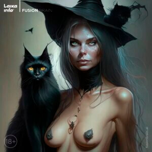 Иллюстрация «Ведьма и черный кот» нарисована нейросетью fusionbrain.ai